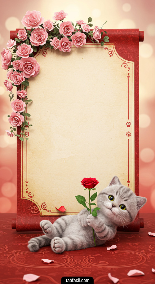 Imagen de pergamino con rosas y gatito Sofia